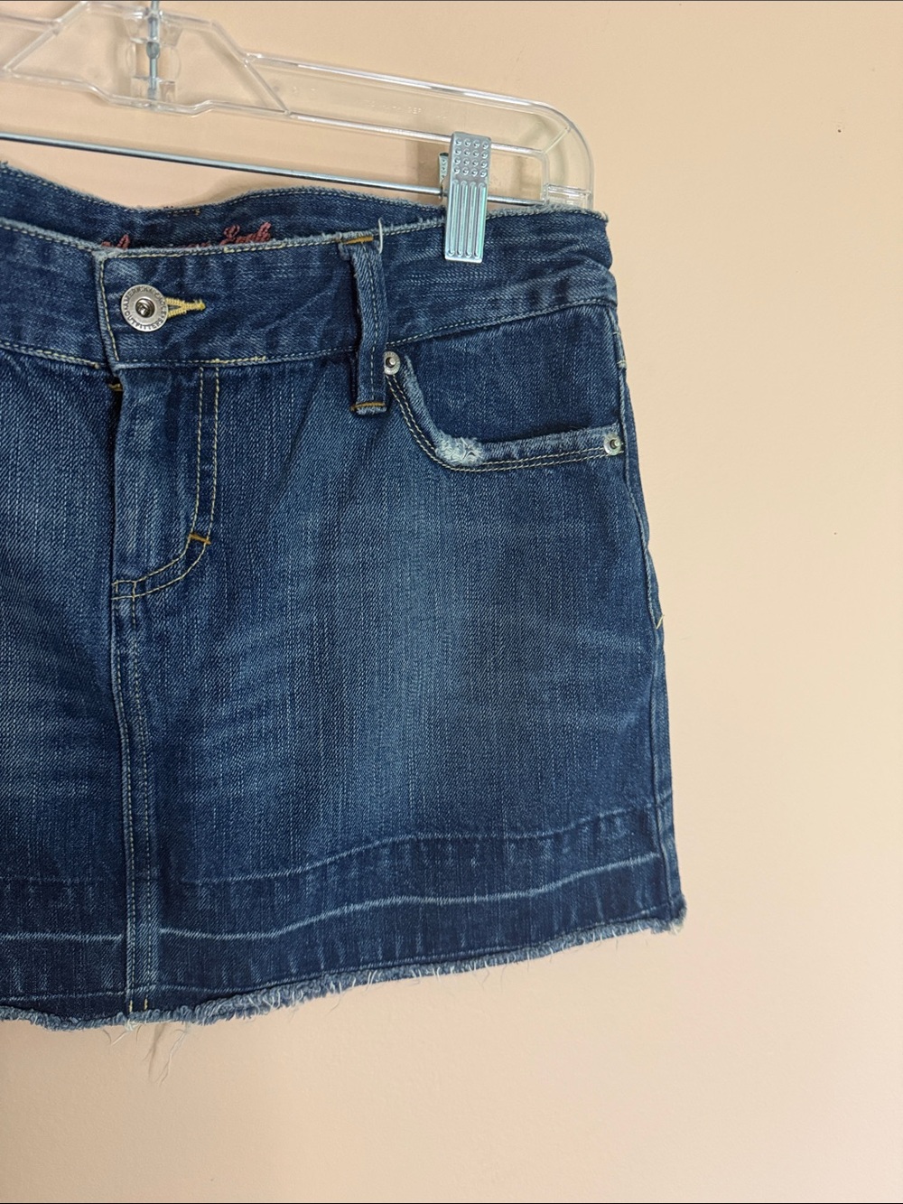 American Eagle Outfitters Dark Blue Denim Skirt with Pink Embroidered Logo - Picture 4 of 9